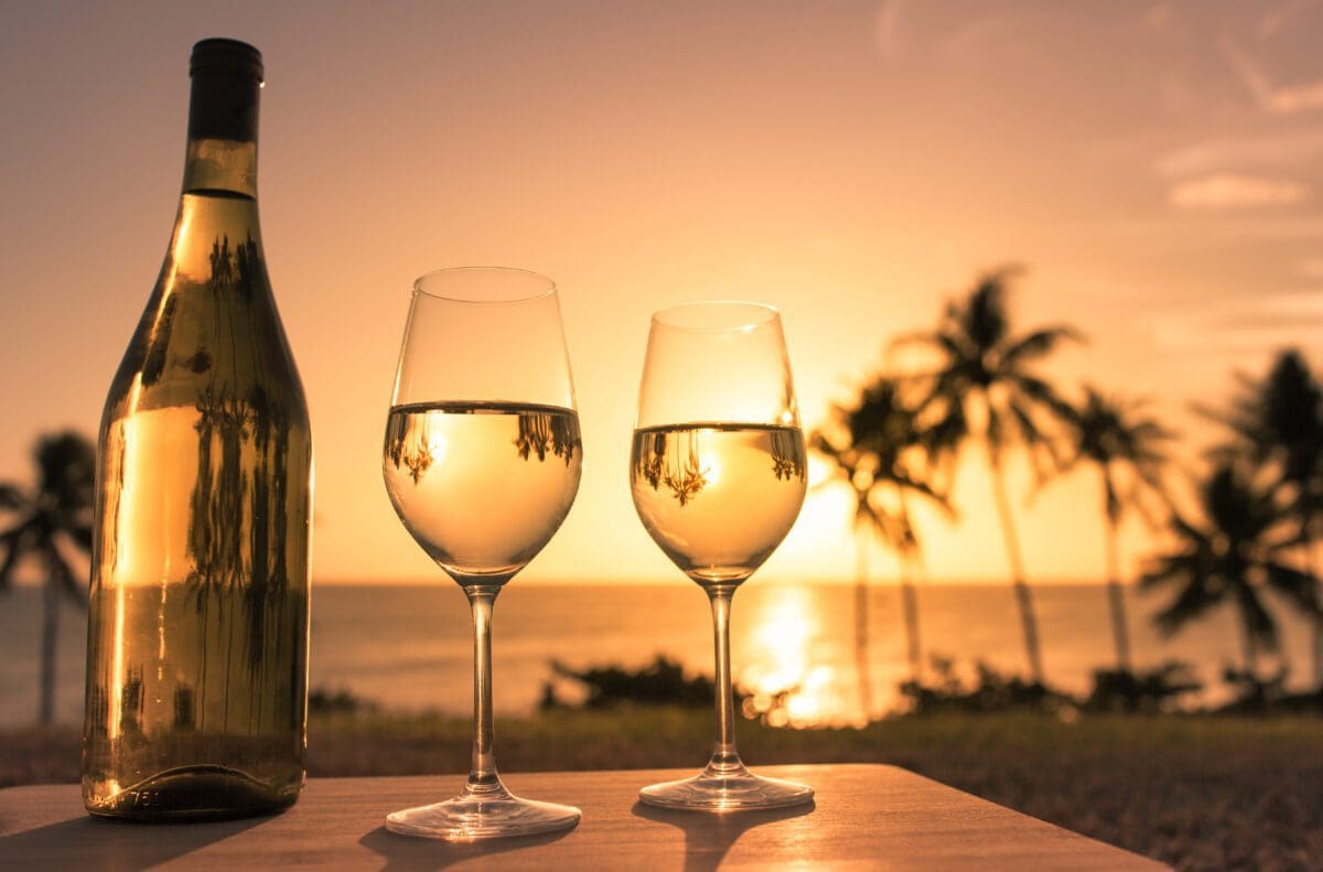 Couple of wineglasses with beautiful tropical view. Private Maui Chef full service private chef dinner by the beach on Maui.
