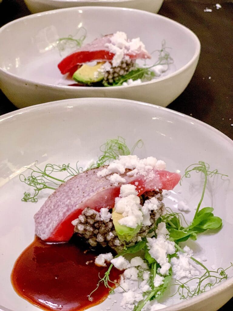 Scorched ahi with black tapioca, kabayaki, pea shoots and wasabi