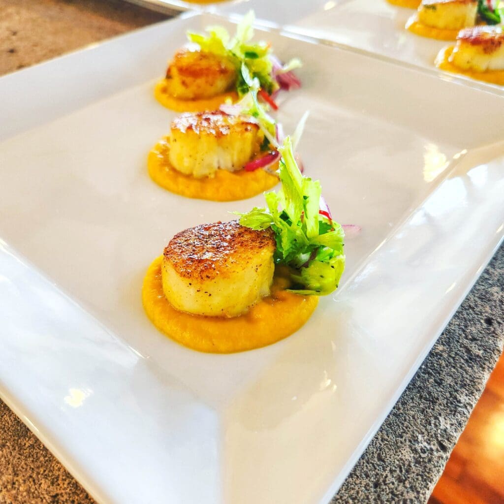 Pan seared Scallops, squash puree.