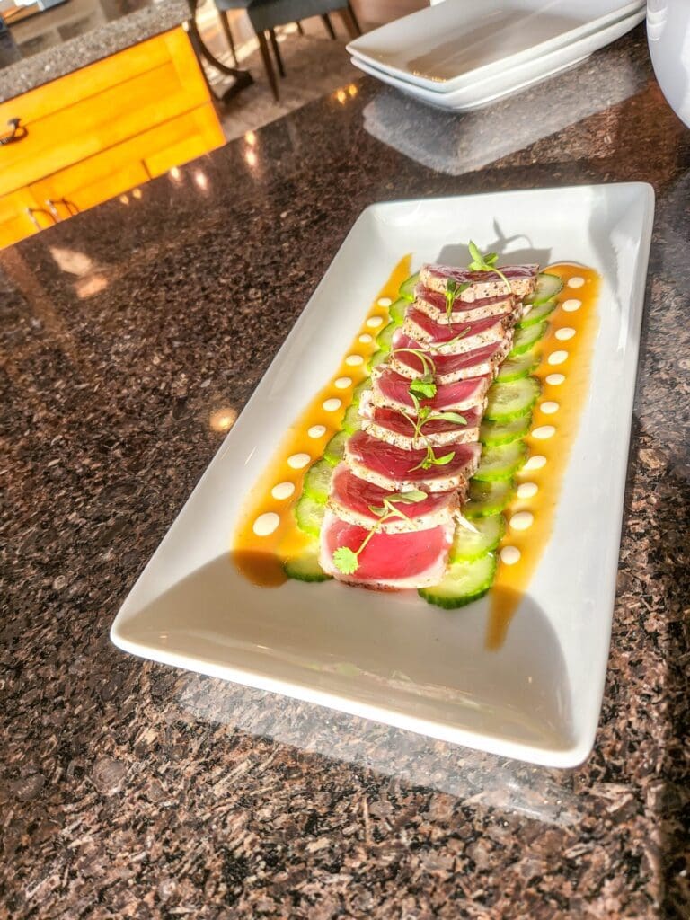 Ahi tataki, sesame tamari, wasabi aioli.