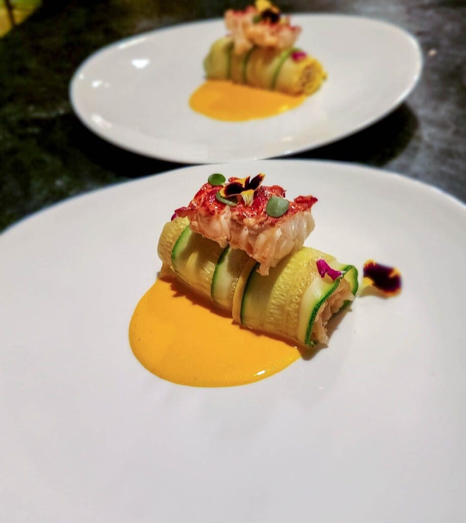 Lobster, squash, risotto, saffron cream.