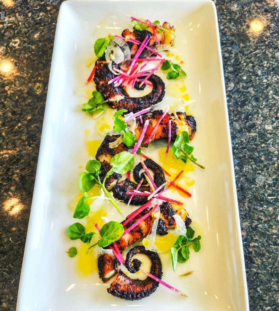 Grilled octopus, Hawaiian chili oil, shaved fennel, watermelon radish.