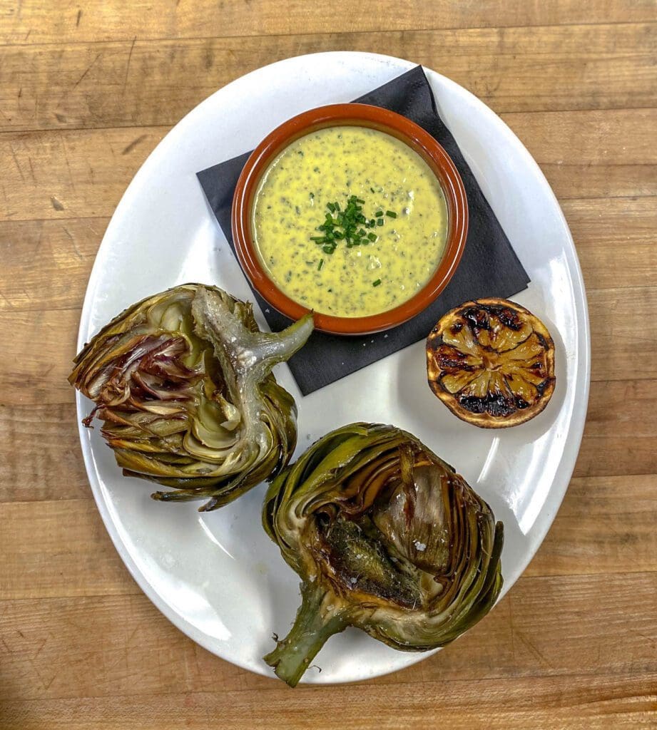 Roasted artichokes with lemon gribiche sauce