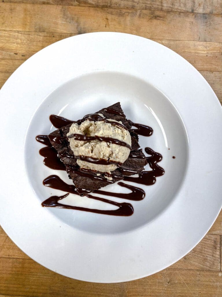 GF double chocolate brownie with homemade hazelnut maple ice cream