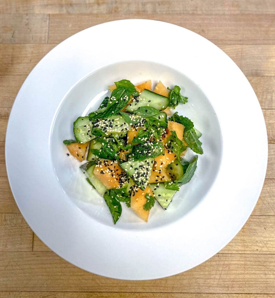 Cucumber melon salad with fish sauce vinaigrette & herbs